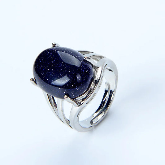 Luckacco New Women Fashion Ring Natural Stone Pink Quartz Purple Crystal Lapis Opening Rings Opal Oval Bead Adjustable Size Party Jewelry