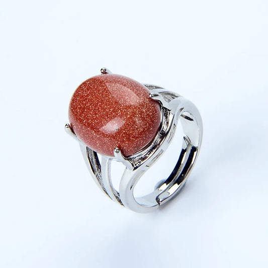 Luckacco New Women Fashion Ring Natural Stone Pink Quartz Purple Crystal Lapis Opening Rings Opal Oval Bead Adjustable Size Party Jewelry