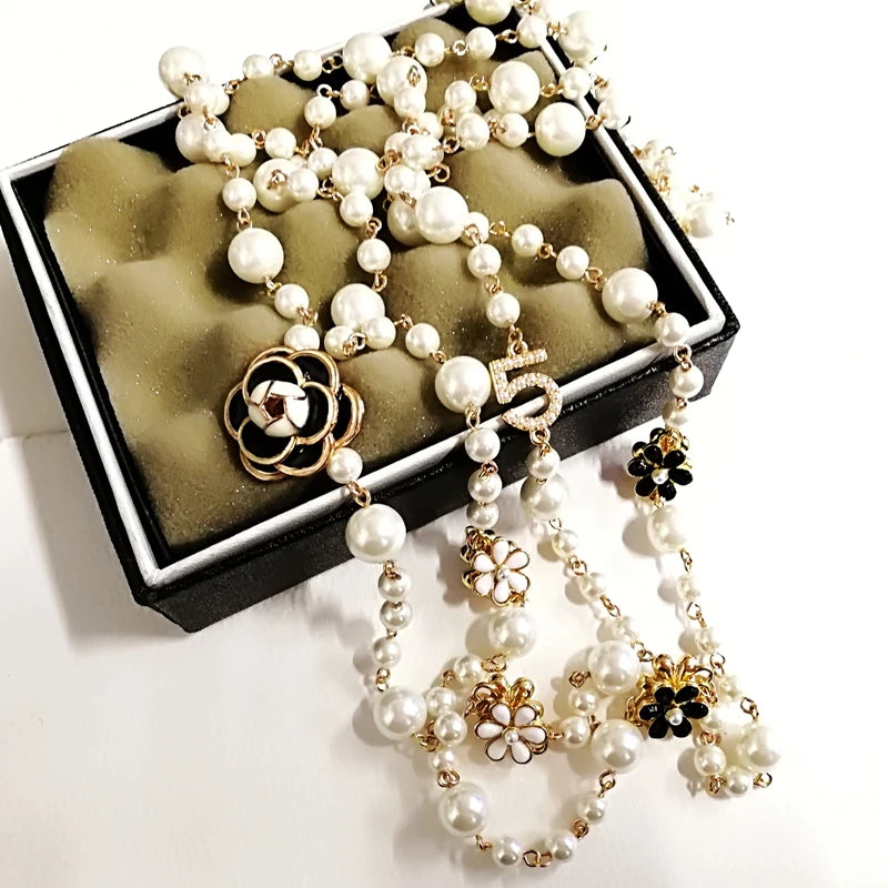 luckacco mimiyagu long simulated pearl necklace for women  double layer  pendant sweater chain  party  jewelry