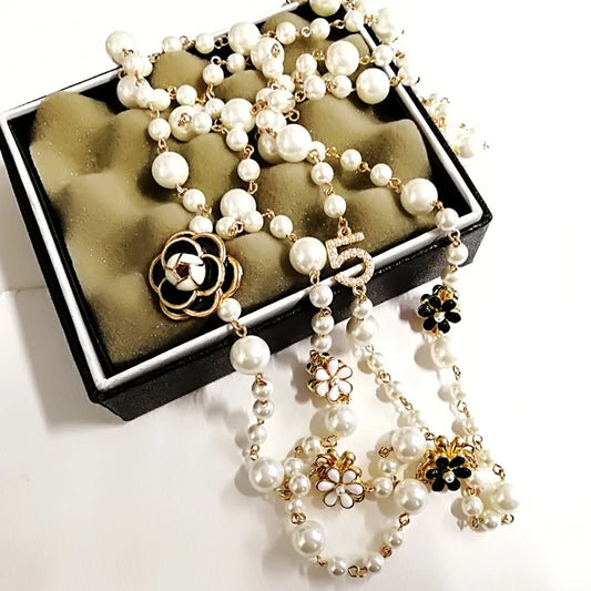 Luckacco Mimiyagu Long Simulated Pearl Necklace For Women  Double Layer  Pendant Sweater Chain  Party  Jewelry