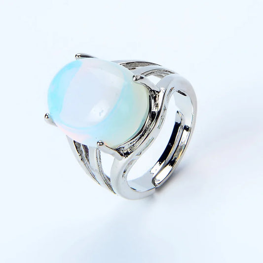 Luckacco New Women Fashion Ring Natural Stone Pink Quartz Purple Crystal Lapis Opening Rings Opal Oval Bead Adjustable Size Party Jewelry