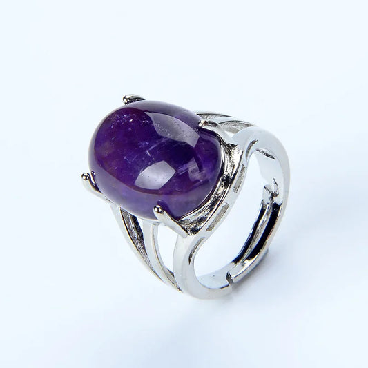 Luckacco New Women Fashion Ring Natural Stone Pink Quartz Purple Crystal Lapis Opening Rings Opal Oval Bead Adjustable Size Party Jewelry