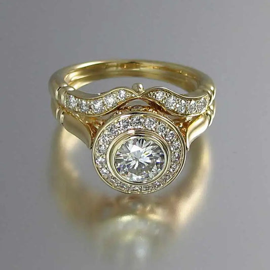 Luckacco daily picks Golden Color 2PC Bridal Ring Sets Romantic Proposal Wedding Rings Foe Women Trendy Round Stone Setting  Lots