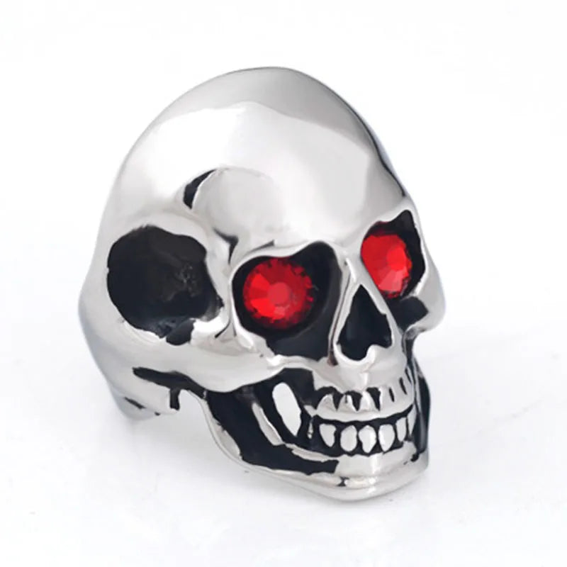 luckacco men's solid skull ring gothic punk biker rider red/blue eyes vintage stainless steel skeleton finger band men jewelry