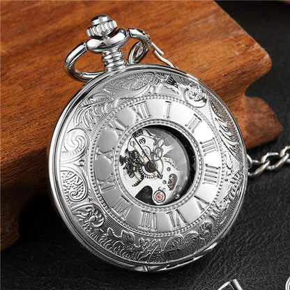 Luckacco Vintage 2 Sides Open Case Mechanical Men's Watch Double Face Roman Dial Clock Hand Wind Pocket Watch With FOB Chain Gift