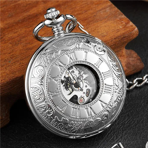 Luckacco Vintage 2 Sides Open Case Mechanical Men's Watch Double Face Roman Dial Clock Hand Wind Pocket Watch With FOB Chain Gift
