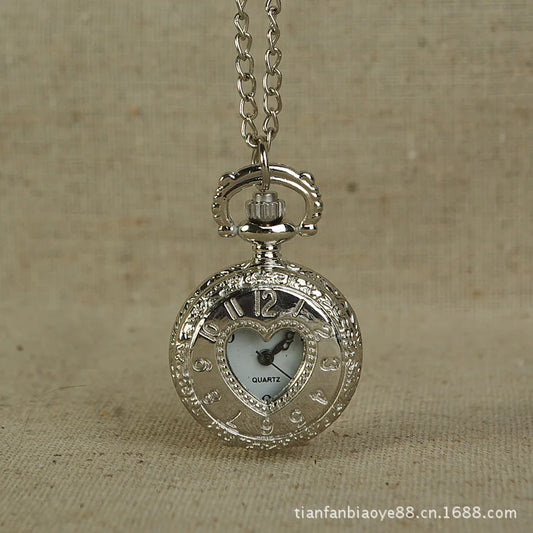 Luckacco Silver Heart Quartz Watch Arabic Digit Engraved Design Women Ladies Gift Fob Watch Exquisite Mini Pocket Watch