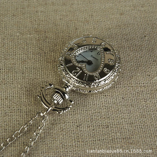 Luckacco Silver Heart Quartz Watch Arabic Digit Engraved Design Women Ladies Gift Fob Watch Exquisite Mini Pocket Watch