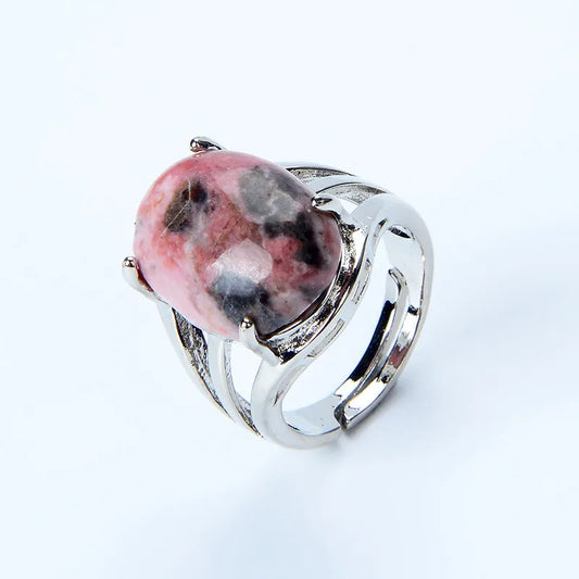 Luckacco New Women Fashion Ring Natural Stone Pink Quartz Purple Crystal Lapis Opening Rings Opal Oval Bead Adjustable Size Party Jewelry