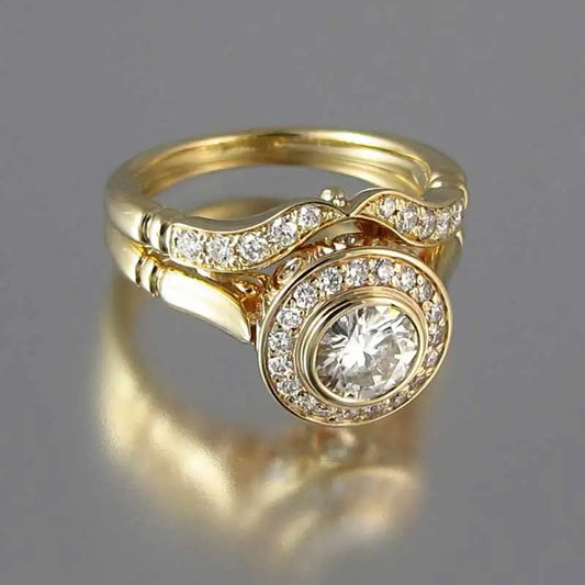 Luckacco daily picks Golden Color 2PC Bridal Ring Sets Romantic Proposal Wedding Rings Foe Women Trendy Round Stone Setting  Lots