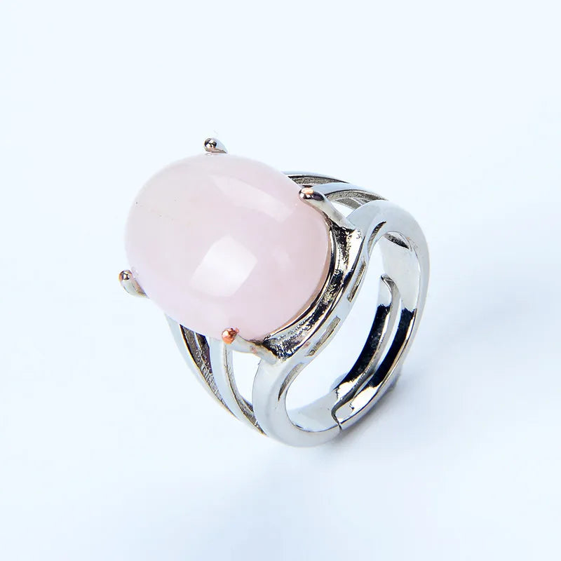 luckacco new women fashion ring natural stone pink quartz purple crystal lapis opening rings opal oval bead adjustable size party jewelry