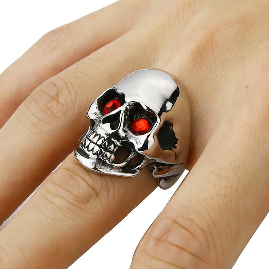 Luckacco Men's Solid Skull Ring Gothic Punk Biker Rider Red/Blue Eyes Vintage Stainless Steel Skeleton Finger Band Men Jewelry