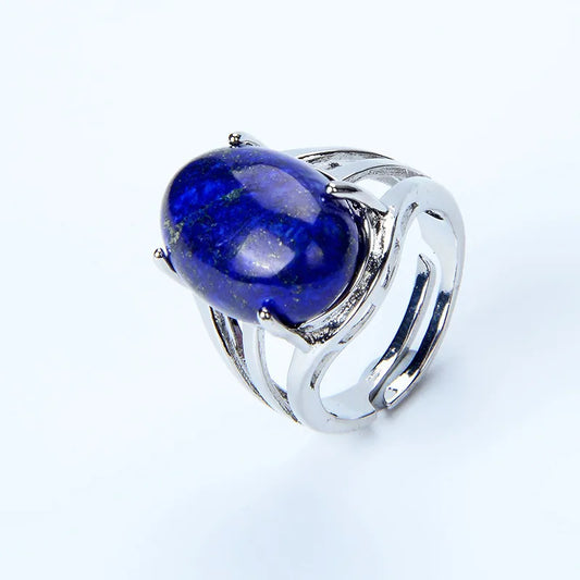 Luckacco New Women Fashion Ring Natural Stone Pink Quartz Purple Crystal Lapis Opening Rings Opal Oval Bead Adjustable Size Party Jewelry
