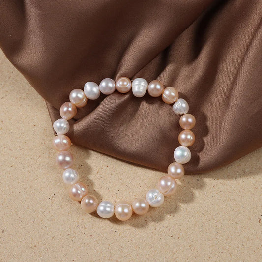 Luckacco Elegant Natural Freshwater Pearl Bracelets for Women White Baroque Pearl Charm Elastic Bangle Fine Jewelry Wedding Party 8-9mm