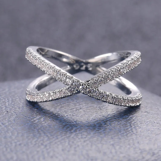 Luckacco daily picks Luxury Cross X Shape Women Engagement Ring Full Paved CZ Stone Silver Color Elegant Simple Female Jewelry Ring Hot Sale