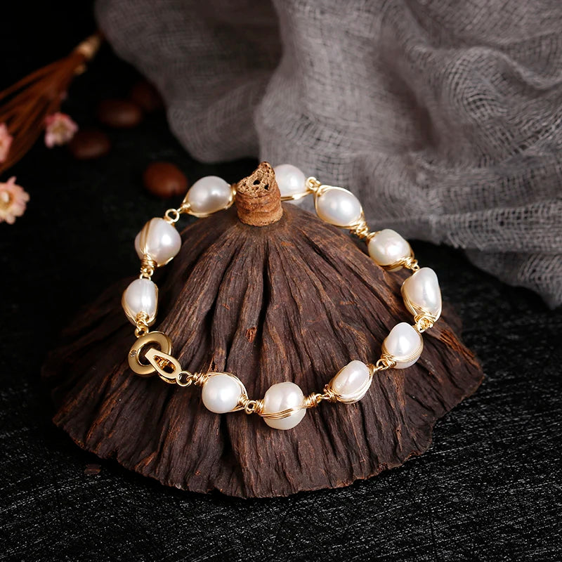 luckacco original handmade 14k gold filled baroque natural freshwater pearl ladies bracelet promotion jewelry for women birthday gift
