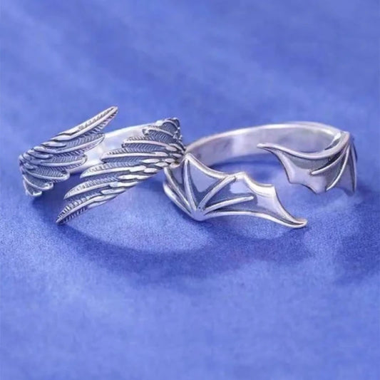 Luckacco Retro Angel Demon Wing Couples Rings Fashion Men Women Jewelry Vintage Ancient Silver Color Punk Hip Hop Adjustable