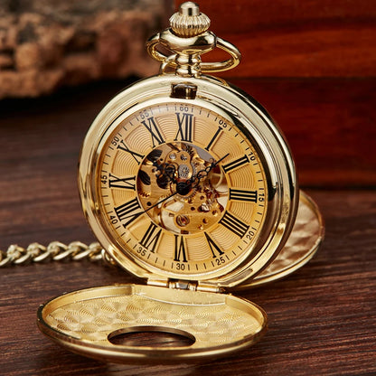 Luckacco Vintage 2 Sides Open Case Mechanical Men's Watch Double Face Roman Dial Clock Hand Wind Pocket Watch With FOB Chain Gift