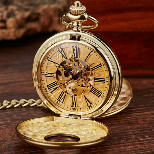 Luckacco Vintage 2 Sides Open Case Mechanical Men's Watch Double Face Roman Dial Clock Hand Wind Pocket Watch With FOB Chain Gift