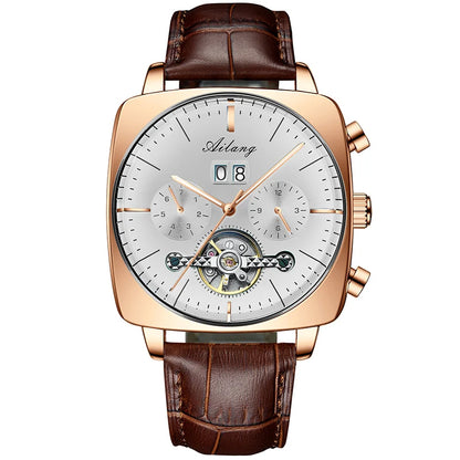 Luckacco AILANG Fashion Green Big Dial Square Mechanical Watch for Men Leather Strap Waterproof Tourbillon Watches Mens Relogio Masculino