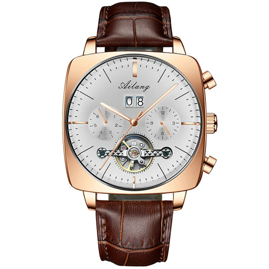 Luckacco AILANG Fashion Green Big Dial Square Mechanical Watch for Men Leather Strap Waterproof Tourbillon Watches Mens Relogio Masculino