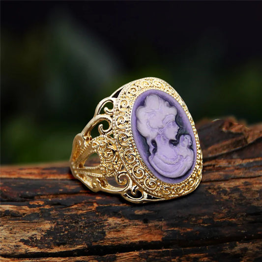 Luckacco 6 Colors Lady Queen Cameo Rings For Women Gold Color Pink Blue Gray Fashion Hollow Flower Lady Cameo Ring