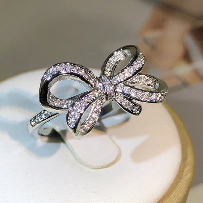 Luckacco 925 Sterling Silver Classic Big Bow Bow Bow Zircon Ring For Ladies Fashion Birthday Wedding Engagement Jewelry Gift