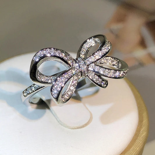 Luckacco 925 Sterling Silver Classic Big Bow Bow Bow Zircon Ring For Ladies Fashion Birthday Wedding Engagement Jewelry Gift