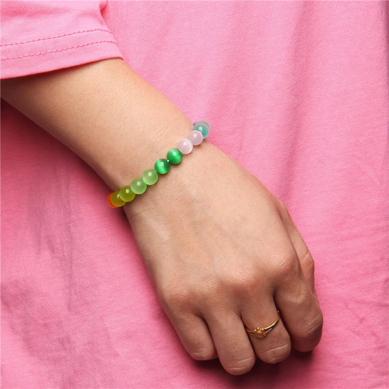 luckacco 8mm cat eye stone beads bracelet fashion natural stone cute pink chromatic bead bracelet bangle for women jewelry gifts pulseira