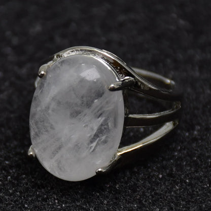 Luckacco New Women Fashion Ring Natural Stone Pink Quartz Purple Crystal Lapis Opening Rings Opal Oval Bead Adjustable Size Party Jewelry