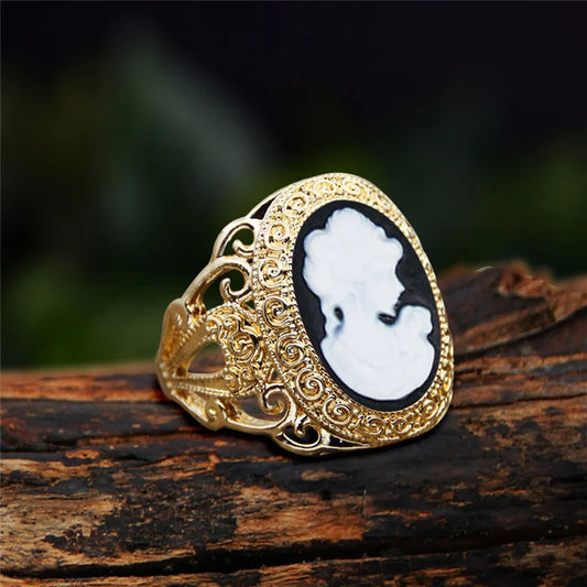 Luckacco 6 Colors Lady Queen Cameo Rings For Women Gold Color Pink Blue Gray Fashion Hollow Flower Lady Cameo Ring