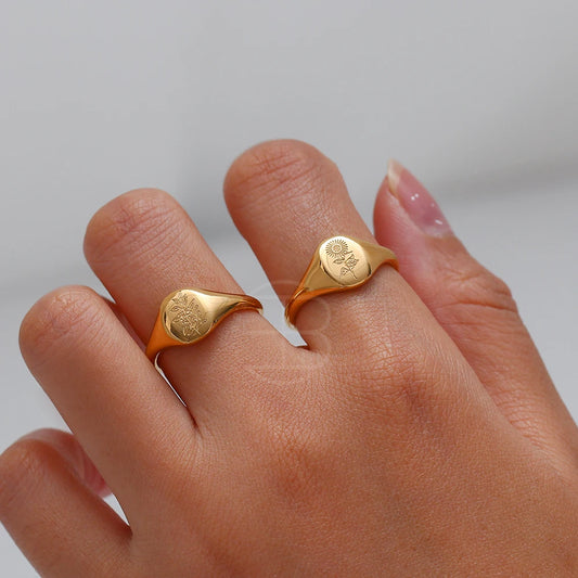 Luckacco E.B.belle Tarnish Free Stainless Steel 18k Gold Plated Engraving Wildflower Tea Leaf Lavender Sunflower Signet Rings For Women