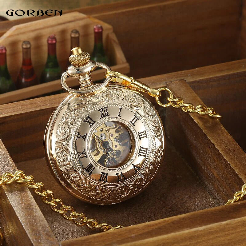 luckacco vintage 2 sides open case mechanical men's watch double face roman dial clock hand wind pocket watch with fob chain gift