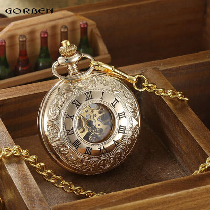 Luckacco Vintage 2 Sides Open Case Mechanical Men's Watch Double Face Roman Dial Clock Hand Wind Pocket Watch With FOB Chain Gift