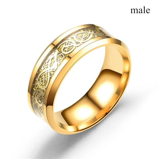 Luckacco Charm Gold-Color Couple Rings - Men's Stainless Steel Dragon Pattern Rings Women's White Zircon Ring Set Bridal Wedding Jewelry