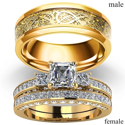 Luckacco Charm Gold-Color Couple Rings - Men's Stainless Steel Dragon Pattern Rings Women's White Zircon Ring Set Bridal Wedding Jewelry