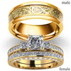Luckacco Charm Gold-Color Couple Rings - Men's Stainless Steel Dragon Pattern Rings Women's White Zircon Ring Set Bridal Wedding Jewelry