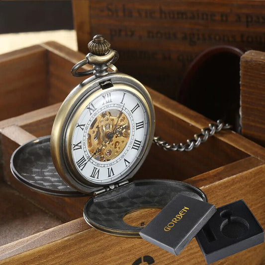 Luckacco Vintage 2 Sides Open Case Mechanical Men's Watch Double Face Roman Dial Clock Hand Wind Pocket Watch With FOB Chain Gift