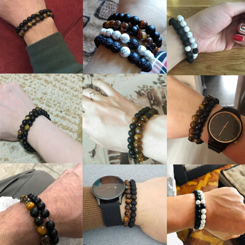 luckacco 10mm tiger eye natural stone beads bracelet 3 size buddha lava round beads elasticity rope bracelets for men yoga handmade jewel