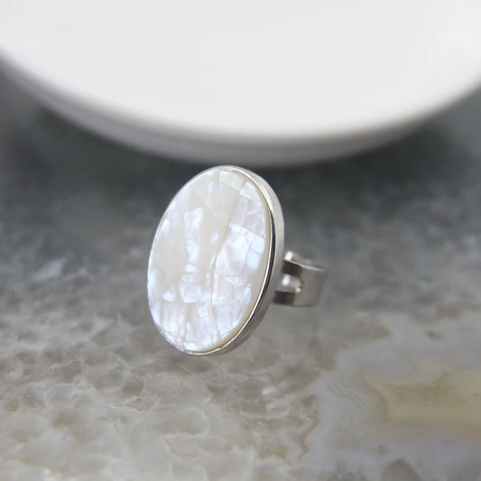 Luckacco Natural Beautiful Abalone Shell Adjustable Rings, Pearl Classic Round Shape Rings,Finger Rings Reiki Heal Geode Rings Jewelry