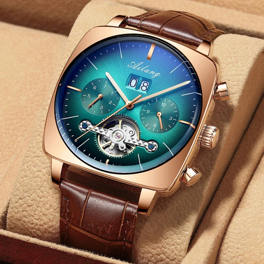 Luckacco AILANG Fashion Green Big Dial Square Mechanical Watch for Men Leather Strap Waterproof Tourbillon Watches Mens Relogio Masculino