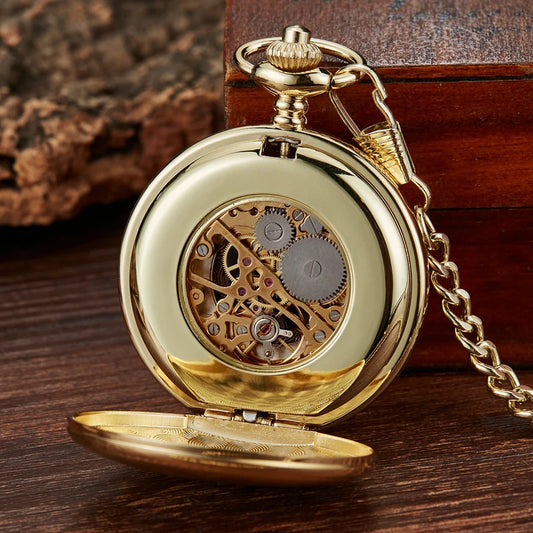 Luckacco Vintage 2 Sides Open Case Mechanical Men's Watch Double Face Roman Dial Clock Hand Wind Pocket Watch With FOB Chain Gift