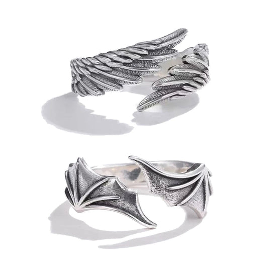 Luckacco Retro Angel Demon Wing Couples Rings Fashion Men Women Jewelry Vintage Ancient Silver Color Punk Hip Hop Adjustable