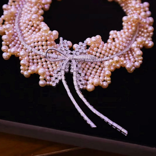 Luckacco Fine Jewelry Luxury 925 Silver Bowknot White Gray Natural Freshwater Pearl Collar Wide Necklace Vintage Women