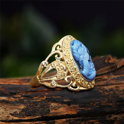 Luckacco 6 Colors Lady Queen Cameo Rings For Women Gold Color Pink Blue Gray Fashion Hollow Flower Lady Cameo Ring