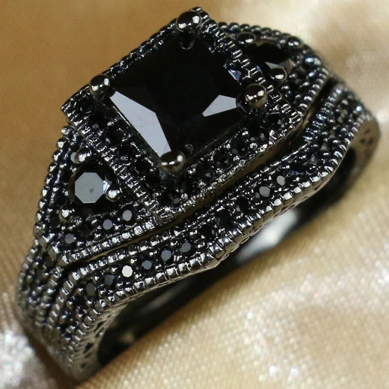 luckacco vintage black zircon rhinestones ring set for women elegant women rings fashion jewelry anniversary engagement ring