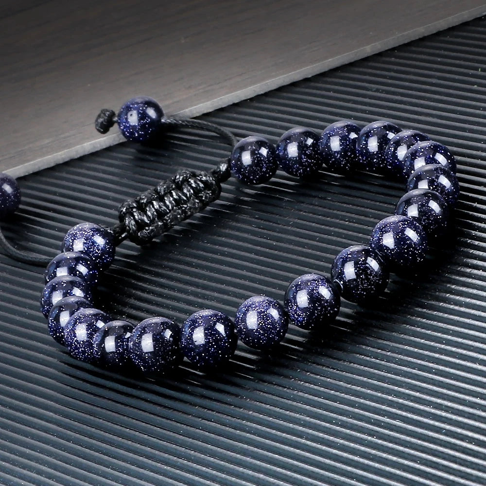 luckacco blue sandstone beads bracelet for women men goldstone quartz round beads bracelet handmade adjustable rope shining wrist jewelry
