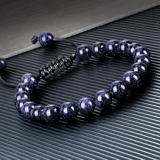 Luckacco Blue Sandstone Beads Bracelet for Women Men Goldstone Quartz Round Beads Bracelet Handmade Adjustable Rope Shining Wrist Jewelry