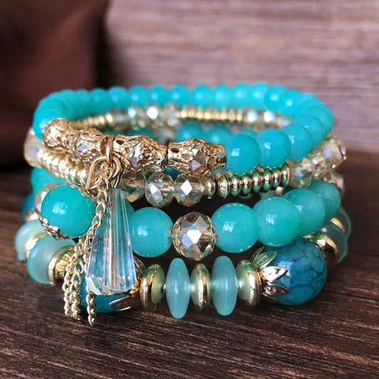 Luckacco Bohemian 4pcs Crystal Multi-layer Beaded Bracelet for Women Sweet Girls Colorful Round Shape Jewelry Friendship  Gifts