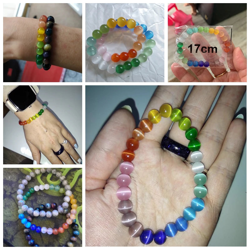 luckacco 8mm cat eye stone beads bracelet fashion natural stone cute pink chromatic bead bracelet bangle for women jewelry gifts pulseira
